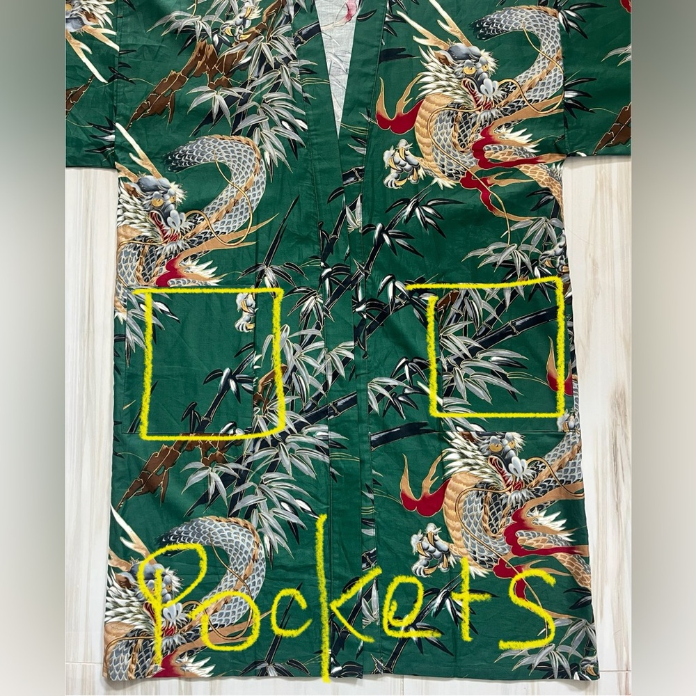 NWOT Japanese Yukata Robe Green Dragon and Bamboo Print Fabric Unisex - Picture 11 of 11